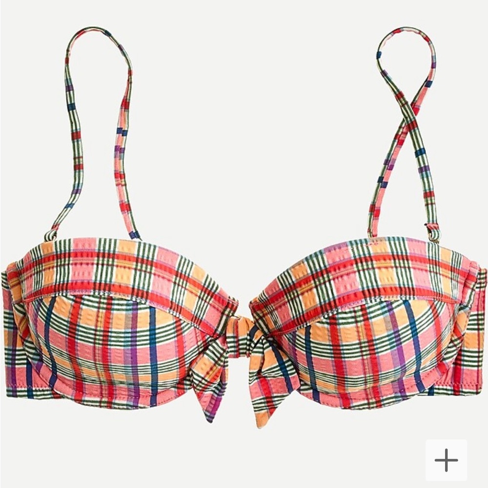NWT J. CREW TIE FRONT UNDERWIRE BIKINI TOP IN ELECTRIC PLAID, 32B